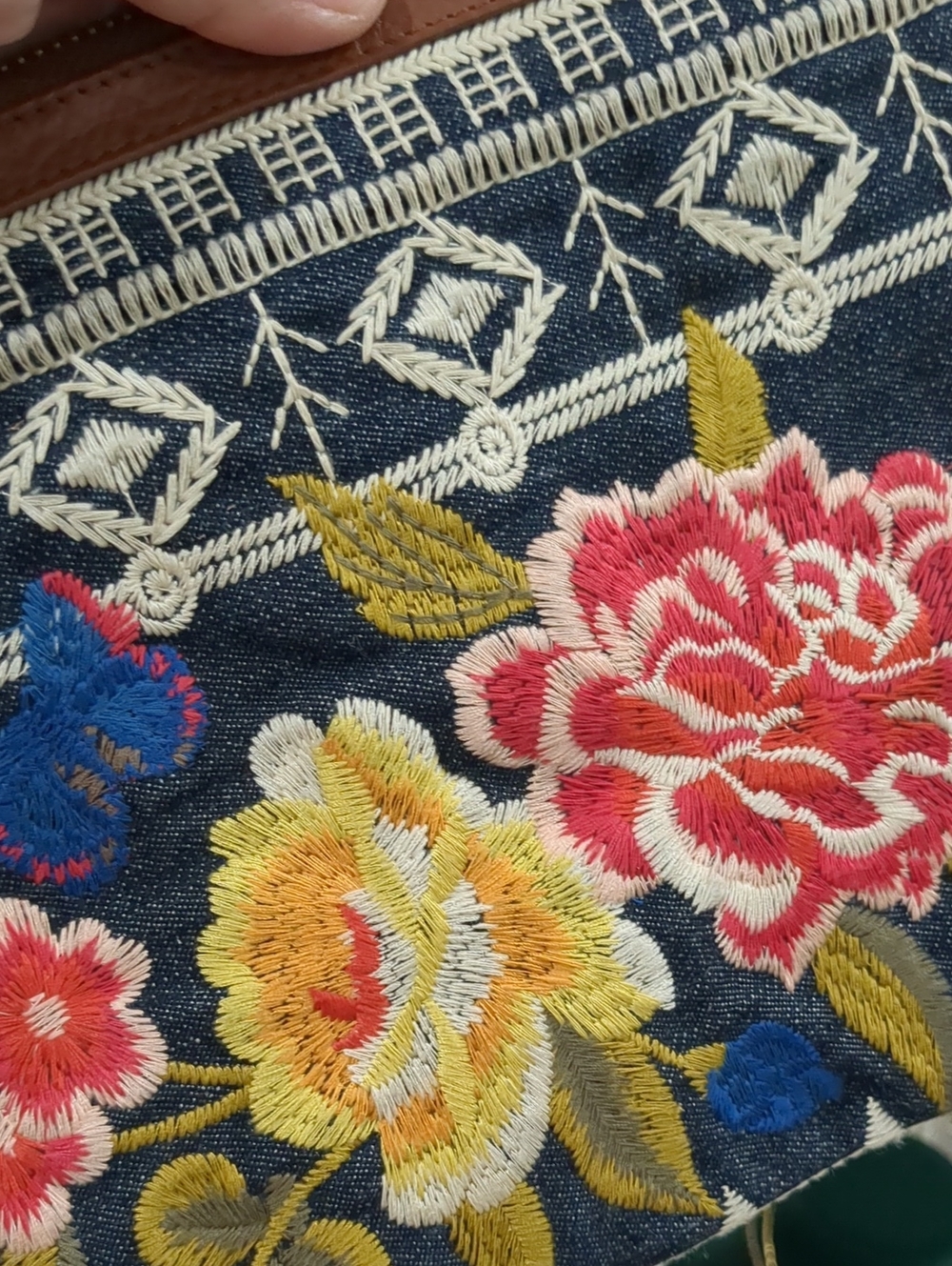 JOHNNY WAS Hand-Embroidered Floral Crossbody Bag with Tassel - Denim and Brown - Picture 8 of 12